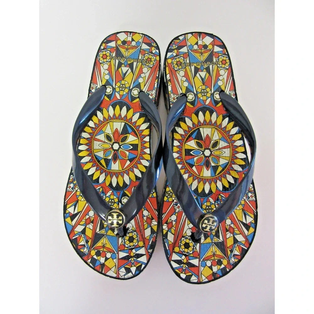 TORY BURCH Wedge Flip Flop Psychedelic Geo 6 1/2 Sandals
